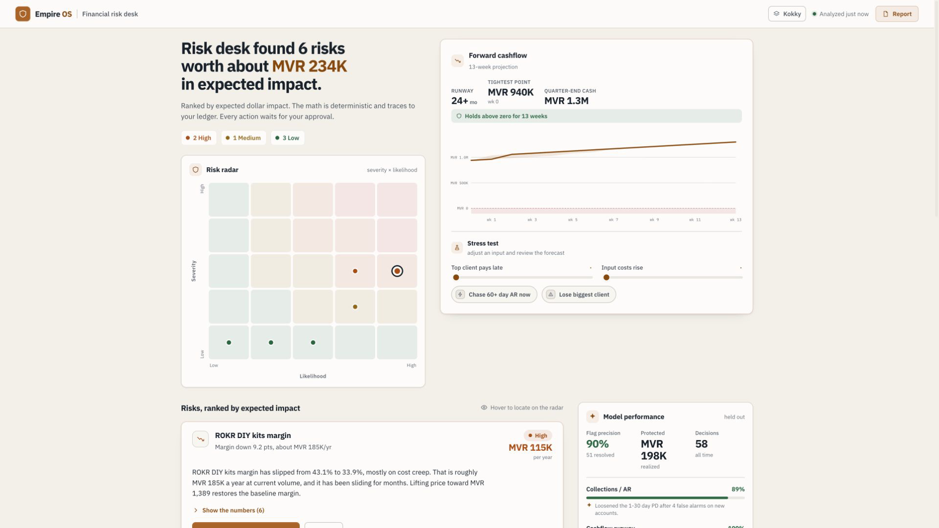 The financial risk desk showing a severity and likelihood radar, a thirteen week forward cashflow projection, and risks ranked by expected impact.